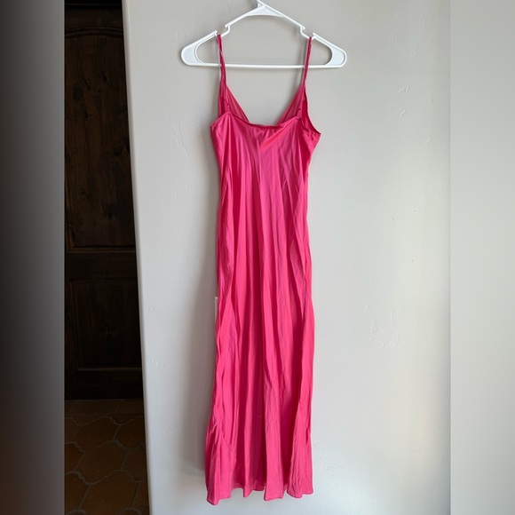 August Silk Hot Pink Slip Dress Size S Y2K Barbiecore Satin Maxi Minimalist - Picture 4 of 5
